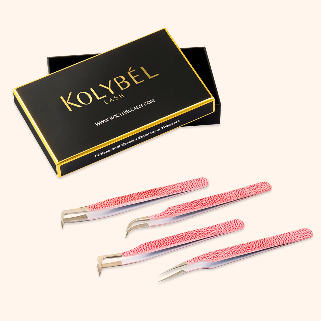 Pink Leather Pattern Professional Eyelash Extensions Tweezers Kit