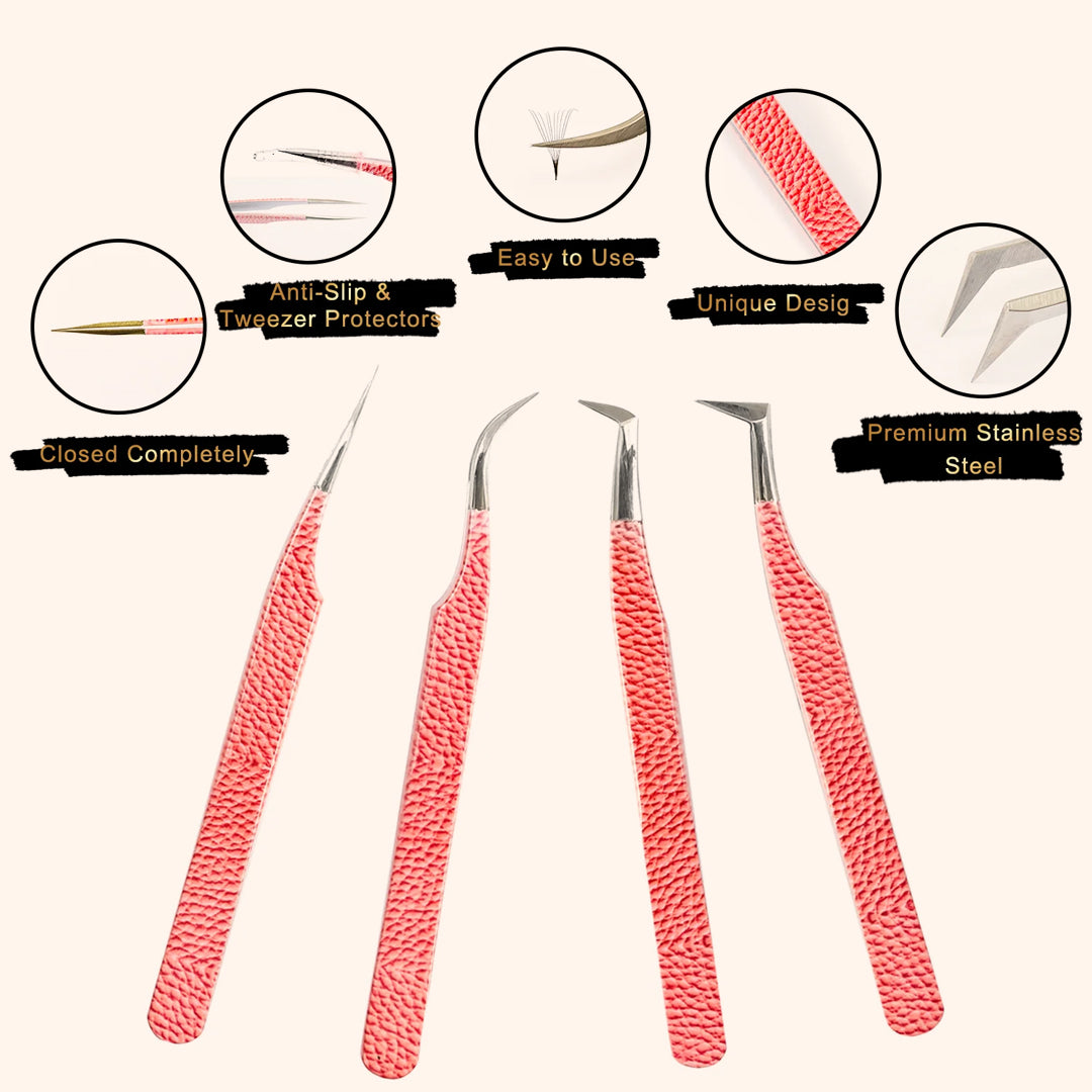 Pink Leather Pattern Professional Eyelash Extensions Tweezers Kit